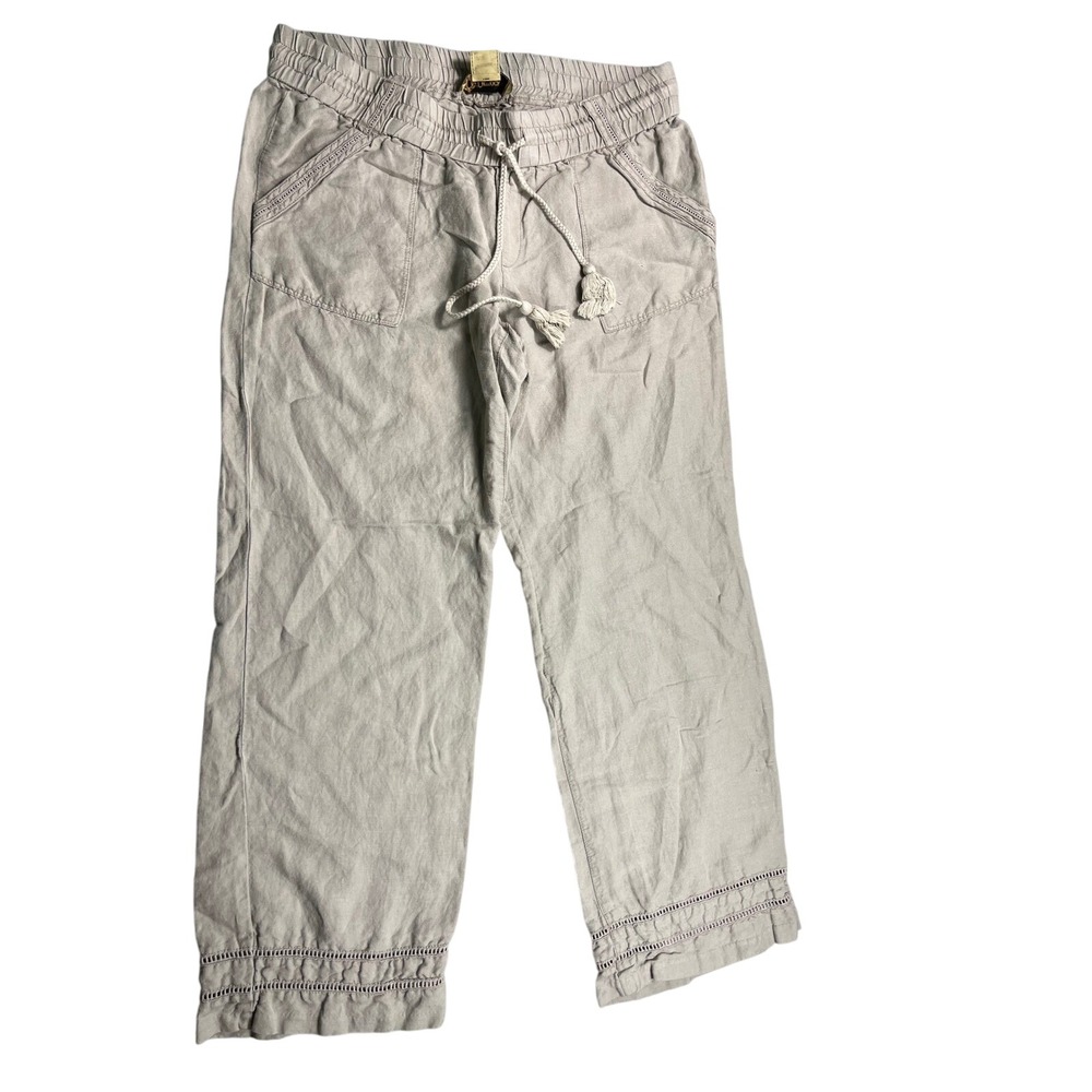 Democracy Women's Large Linen Blend Cropped Beige Drawstring Coastal Boho